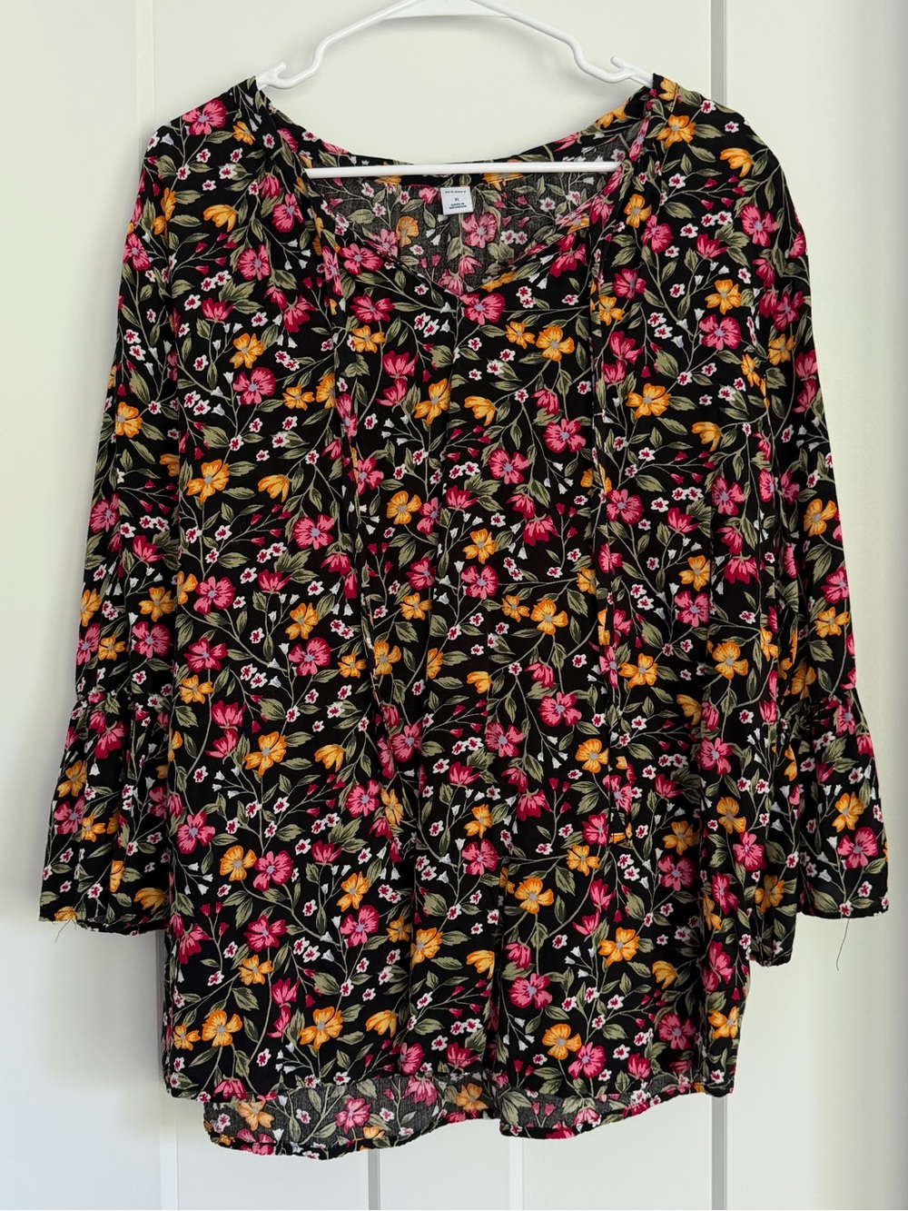 Old Navy Black Floral V-Neck Blouse with Pink & Mustard Flowers